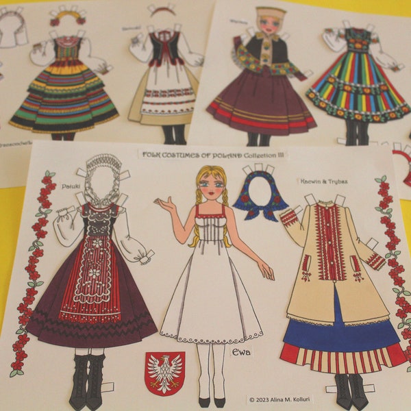 NEW!  Printable 3-Page POLISH Folk Costumes Paper Doll #3--Instant Digital Download--3 jpg 600 dpi by Alina Kolluri--Prints 8.5" x 11"