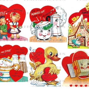 25 CARTÕES DE DIA DOS NAMORADOS infantis vintage para impressão Download digital - 4 arquivos jpg 600 dpi - Crianças adoráveis, animais e itens domésticos
