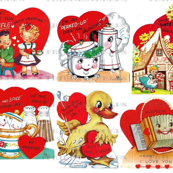 25 Printable Vintage Children's VALENTINE'S DAY CARDS Digital Download--4 jpg files 600 dpi--Adorable Kids, Animals & Household Items