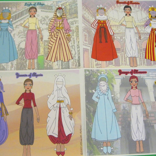 4 Printable COSTUMES of NORTH AFRICA Paper Dolls--Instant Download 4 jpgs 600 dpi--by Artist Alina Kolluri--Print on 8.5" x 11" Paper