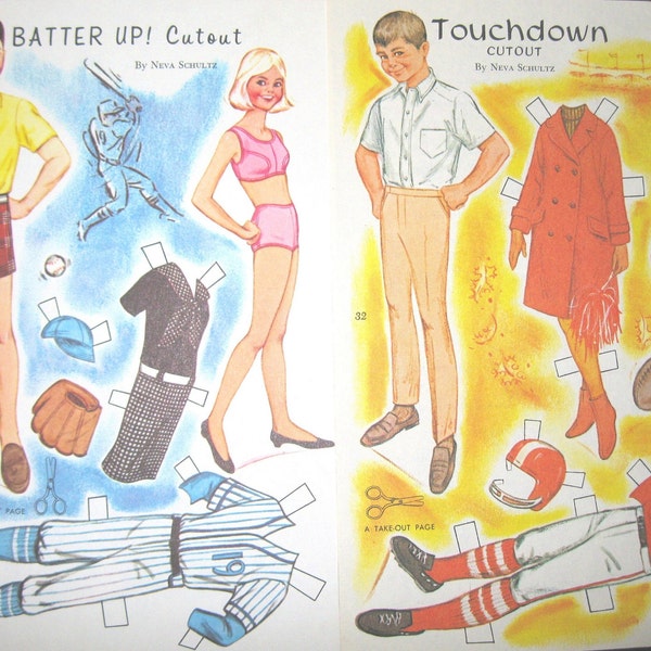 BASEBALL / FOOTBALL High School Boy and Girl Printable Paper Dolls Instant Digital Download  2 jpgs 600 dpi--from the 1960s