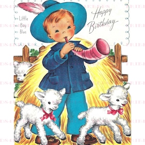 Carte d'anniversaire vintage Mother Goose, comptine recto verso bleu petit garçon de Fairfield en téléchargement numérique instantané 2 fichiers jpg 600 dpi