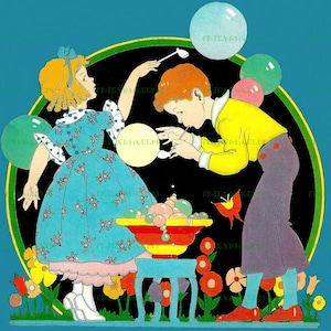 Printable BLOWING BUBBLES Vintage Old-Fashioned Digital Image from 1930s Children&#39;s Magazine Instant Download 600 dpi