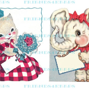 2 FANCY Dress ANIMALS Kätzchen und Elefant w / leere Nachricht Boxen All-Occasion Vintage Grußkarte Bilder Digital Download 1 jpg 600 dpi