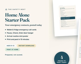 Kids Emergency Contact Card Printable | Wallet Card, Fridge Card, Door Hanger and Mini Poster for Child Home Alone Safety | Ages 9-12 PDF