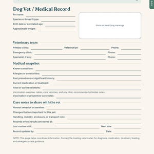 May include: A white Dog Vet Medical Record form with dark blue text. Sections include Pet name, Veterinary team, Medical snapshot, and Care notes. A rectangular box is provided for a photo. The page is labeled Species Modules Dog and page 16.