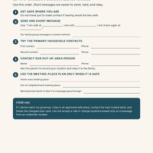 May include: A printed page titled Section 3 Contacts Communication Communication Plan If We Cannot Reach Each Other. It features a numbered list from 1 to 5 with blank lines for contact details and a dark blue box containing a Child rule section.