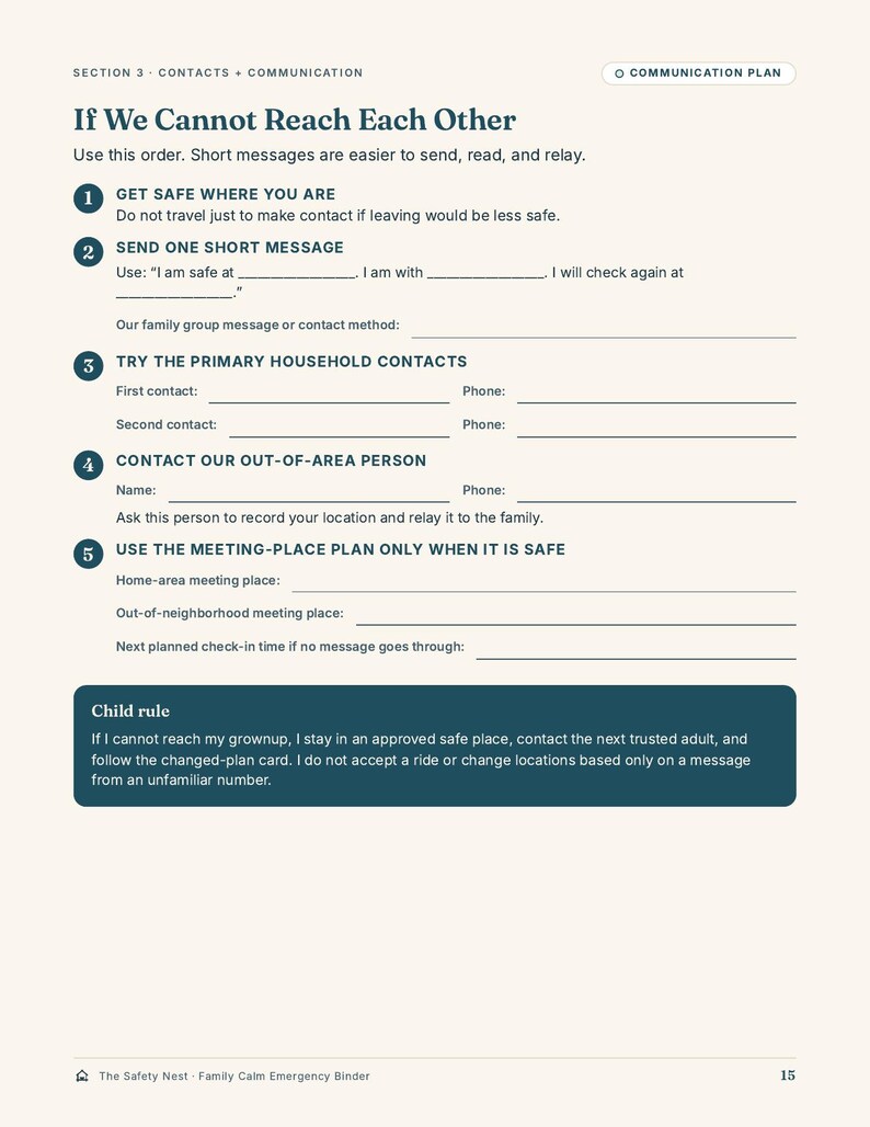 May include: A printed page titled Section 3 Contacts Communication Communication Plan If We Cannot Reach Each Other. It features a numbered list from 1 to 5 with blank lines for contact details and a dark blue box containing a Child rule section.