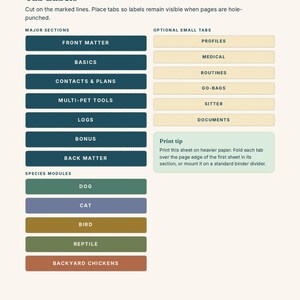 May include: A printable tab sheet for a pet emergency binder featuring dark teal labels for major sections like Front Matter, Basics, Contacts & Plans, Multi-Pet Tools, Logs, Bonus, Back Matter, and light tan labels for optional small tabs and species.