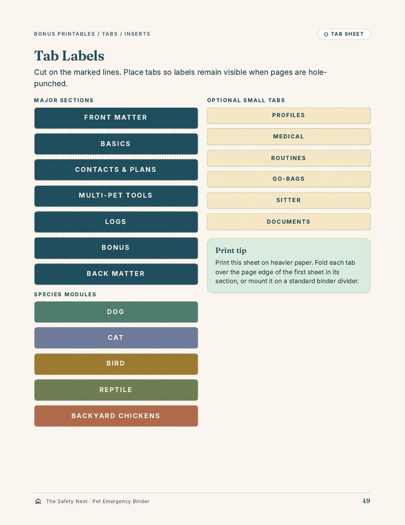 May include: A printable tab sheet for a pet emergency binder featuring dark teal labels for major sections like Front Matter, Basics, Contacts & Plans, Multi-Pet Tools, Logs, Bonus, Back Matter, and light tan labels for optional small tabs and species.