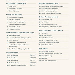 May include: A printed table of contents page for a pet emergency binder titled The Safety Nest. The document lists sections including Setup Guide, Family and Pet Basics, Contacts, Species Modules, Multi-Pet Tools, and Bonus Printables.