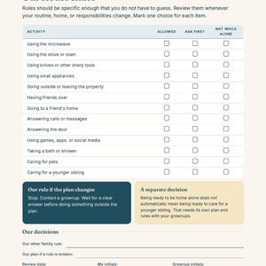 May include: A printed workbook page titled Module 2 My Home, My Routine, featuring a table titled Our House Rules. The table lists activities with checkboxes for Allowed, Ask First, and Not While Alone, plus sections for rules, decisions, and initials.