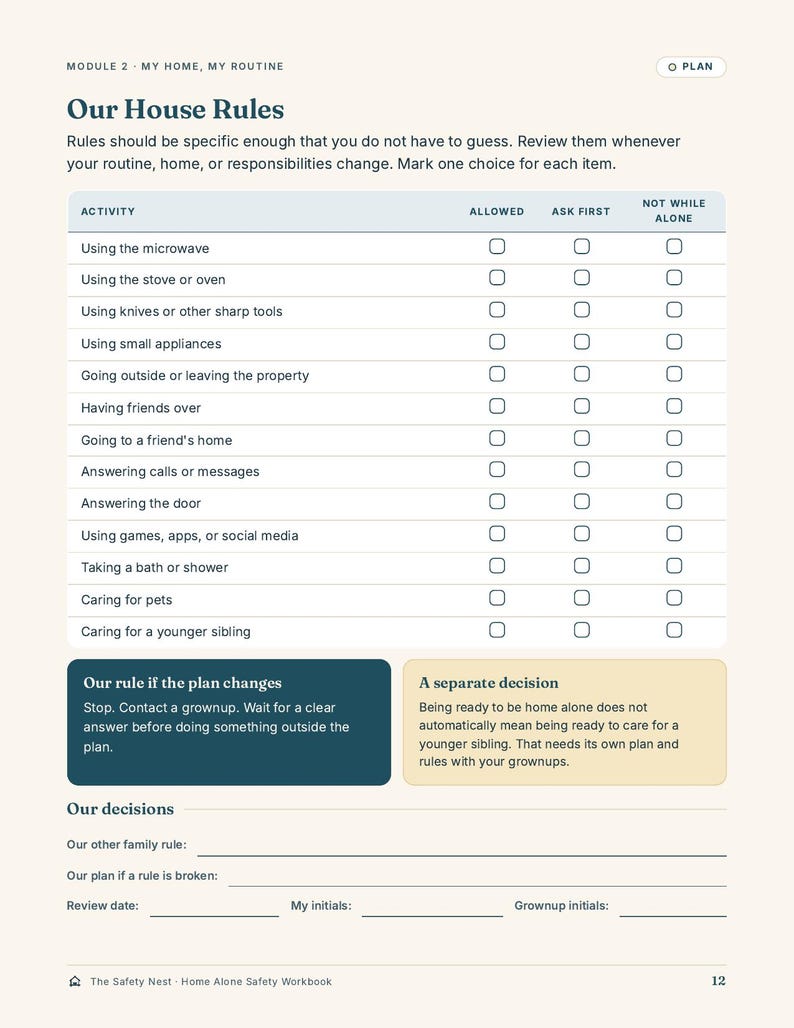 May include: A printed workbook page titled Module 2 My Home, My Routine, featuring a table titled Our House Rules. The table lists activities with checkboxes for Allowed, Ask First, and Not While Alone, plus sections for rules, decisions, and initials.