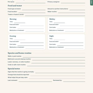 May include: A cream-colored Dog Feeding and Daily Care Routine form with dark blue text. The page includes sections for pet name, caregiver, food and water details, and daily schedules for morning, midday, evening, and night. It also features species and home routine fields, special notes, and a footer with the text The Safety Nest Pet Emergency Binder and page number 18.