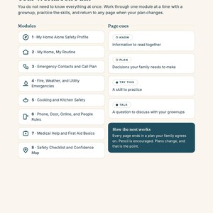 May include: A page titled The Safety Nest: Your Workbook Path, outlining eight modules including My Home Alone Safety Profile, Emergency Contacts, and Kitchen Safety. It lists page cues like O KNOW, O PLAN, TRY THIS, and TALK with descriptions.
