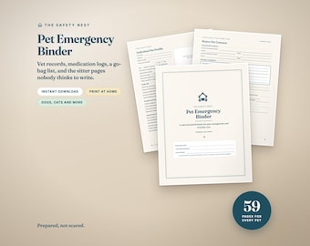 Pet Emergency Binder Printable | Dog and Cat Care Plan, Vet Records, Medication Log, Pet Sitter & Go-Bag Pages | 59-Page PDF