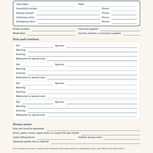 May include: A printable Pet Sitter Summary form with sections for care dates, contact information, pet routines, and house notes. The document includes fields for veterinary clinics, medication, and specific pet instructions on a light background.