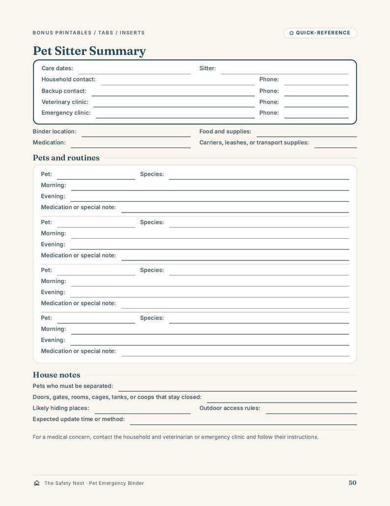 May include: A printable Pet Sitter Summary form with sections for care dates, contact information, pet routines, and house notes. The document includes fields for veterinary clinics, medication, and specific pet instructions on a light background.