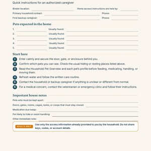 May include: A printed document titled If I'm Not Home, serving as a quick-reference guide for pet caregivers. It includes sections for contact information, pet locations, six numbered start instructions, house notes, and an adults-only access warning.