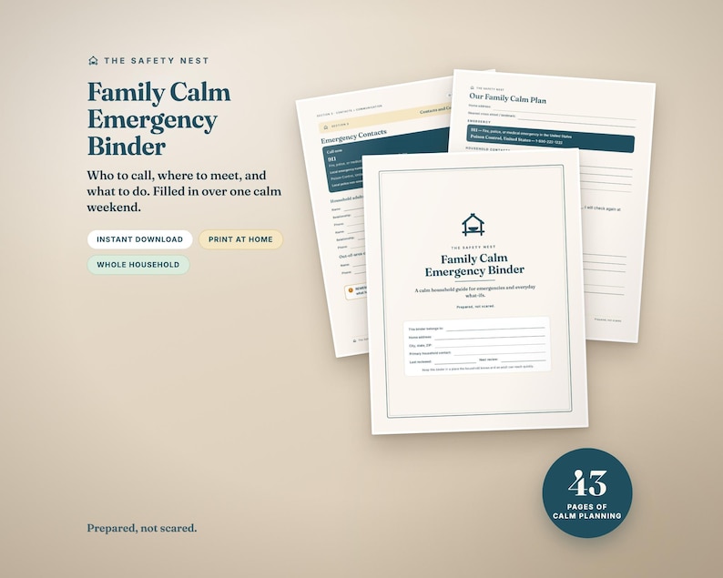 May include: A digital Family Calm Emergency Binder set featuring 43 pages of planning templates. The documents include sections for emergency contacts and family plans, with dark blue text on cream paper. Includes buttons for instant download.