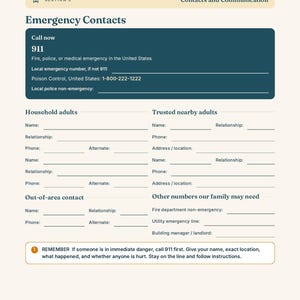 May include: A printed contact sheet titled Section 3: Contacts and Communication, featuring an Emergency Contacts section with 911, Poison Control, and blank fields for household adults, trusted nearby adults, and out-of-area contact information.