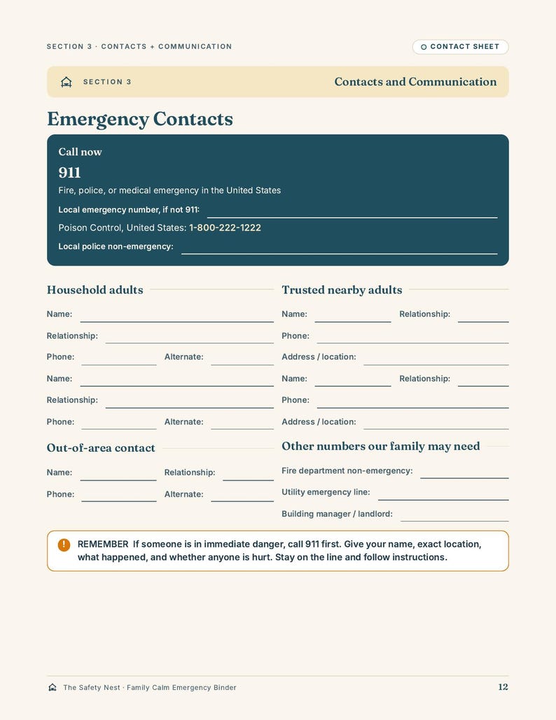 May include: A printed contact sheet titled Section 3: Contacts and Communication, featuring an Emergency Contacts section with 911, Poison Control, and blank fields for household adults, trusted nearby adults, and out-of-area contact information.