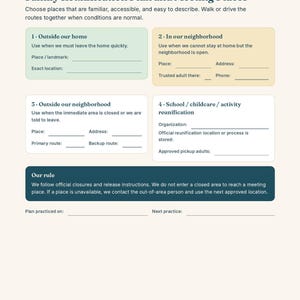 May include: A printed page titled Family Reunification Plan and Meeting Places, featuring four numbered sections for emergency locations, contact details, and a rule box. The document includes blank lines for writing addresses, phone numbers, and dates.