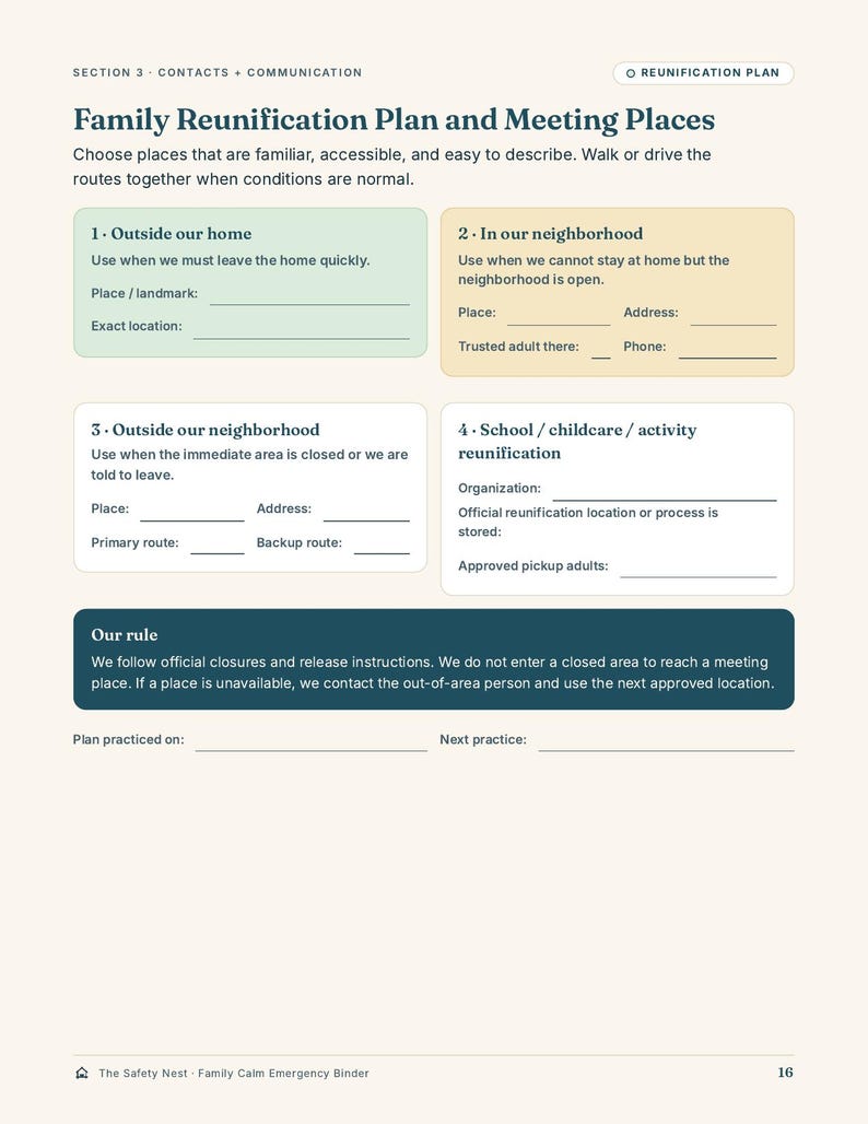 May include: A printed page titled Family Reunification Plan and Meeting Places, featuring four numbered sections for emergency locations, contact details, and a rule box. The document includes blank lines for writing addresses, phone numbers, and dates.