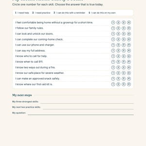 May include: A My Home Alone Safety Profile worksheet with a rating scale from 1 to 4 for various safety skills. The document includes sections for family rules, emergency contacts, and home safety tasks, with blank lines at the bottom for next steps.