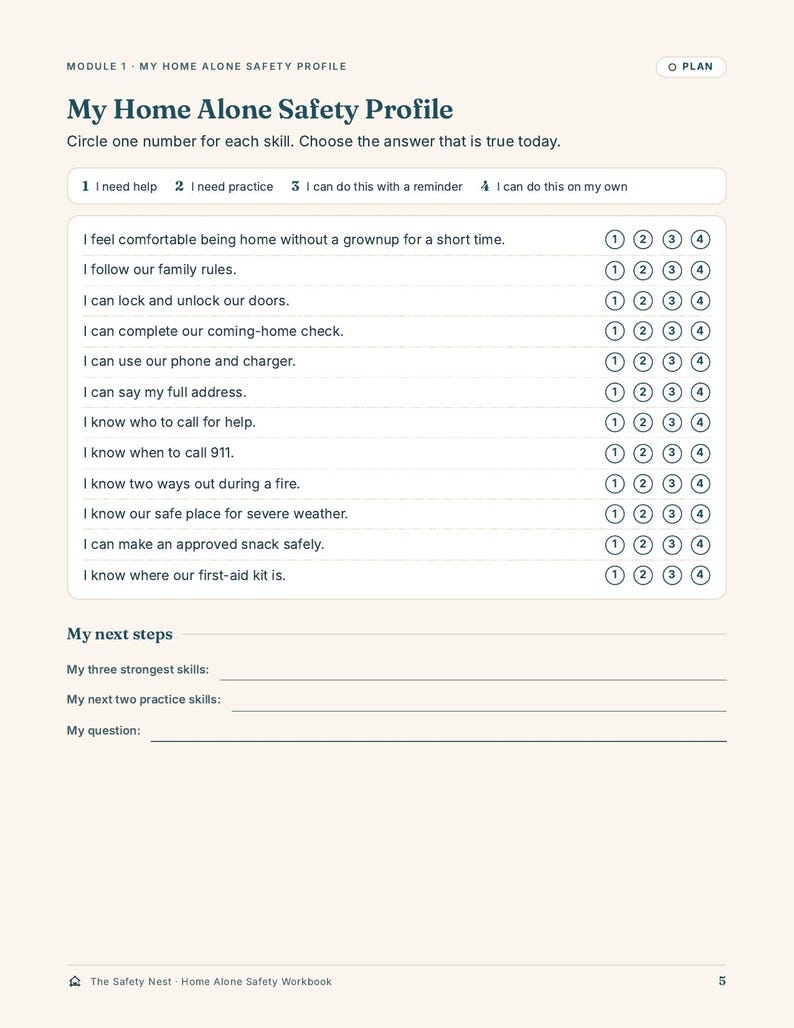 May include: A My Home Alone Safety Profile worksheet with a rating scale from 1 to 4 for various safety skills. The document includes sections for family rules, emergency contacts, and home safety tasks, with blank lines at the bottom for next steps.