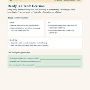 May include: A page titled Module 1 My Home Alone Safety Profile featuring the text Ready Is a Team Decision. It includes sections for Know, Do, and Speak Up, with bulleted safety guidelines and a green box with questions for discussion with grown-ups.