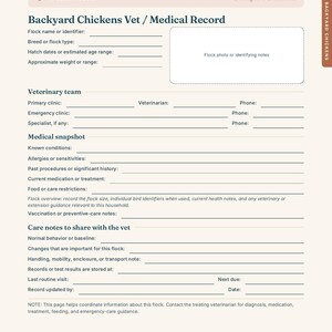 May include: A printed medical record form for backyard chickens with sections for veterinary team details, medical snapshot, and care notes. The document includes fields for flock identification, health history, and emergency contact information.