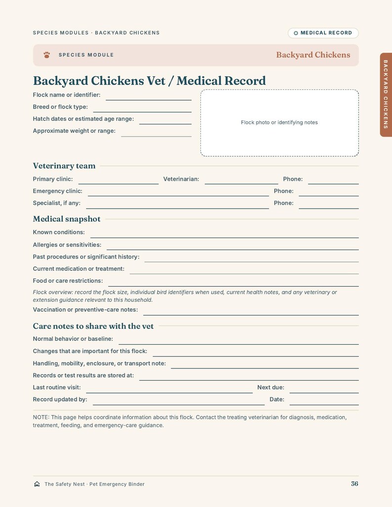 May include: A printed medical record form for backyard chickens with sections for veterinary team details, medical snapshot, and care notes. The document includes fields for flock identification, health history, and emergency contact information.