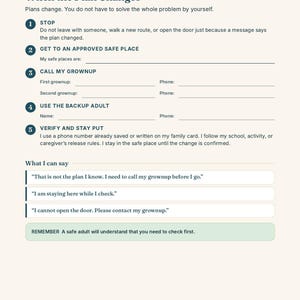 May include: A page titled Section 5 Kids' Safety Plans: When the Plan Changes. It lists five steps for children to follow if plans change, including spaces to write safe places, grownup names, and phone numbers, plus suggested phrases to say.