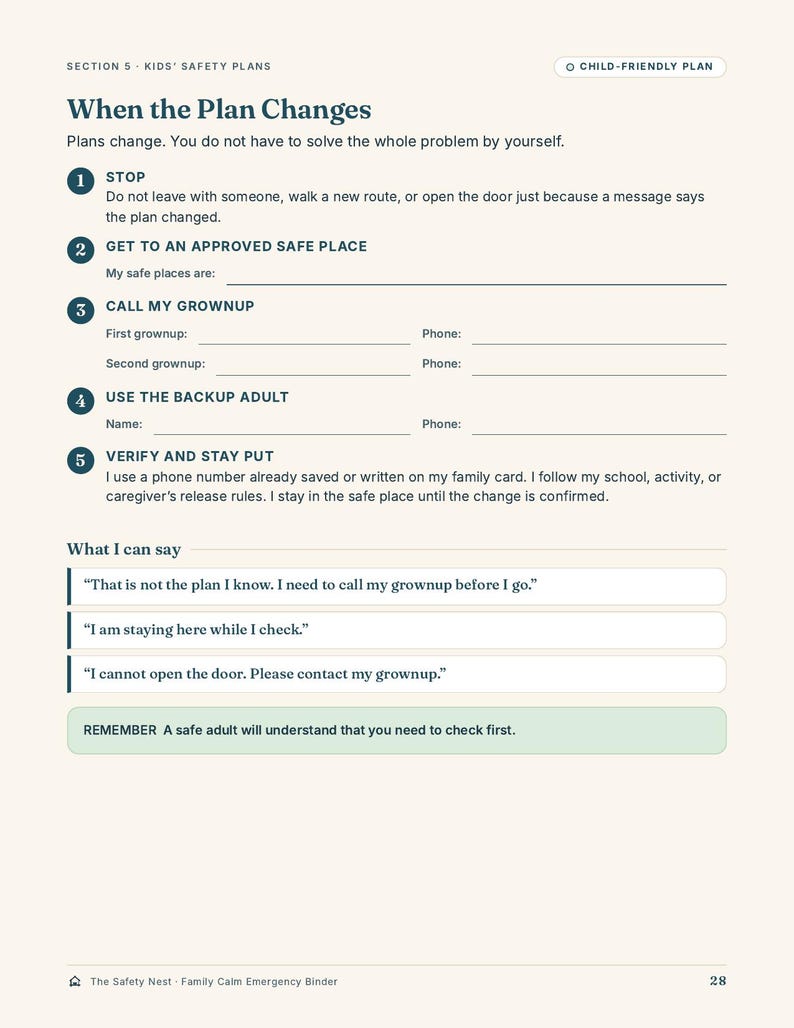 May include: A page titled Section 5 Kids' Safety Plans: When the Plan Changes. It lists five steps for children to follow if plans change, including spaces to write safe places, grownup names, and phone numbers, plus suggested phrases to say.