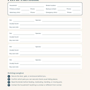 May include: A printable pet emergency information sheet titled Pets in This Home. It includes fields for household contacts, veterinary clinics, and four sections for individual pet details, plus a numbered list of instructions for caregivers.
