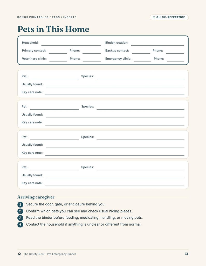 May include: A printable pet emergency information sheet titled Pets in This Home. It includes fields for household contacts, veterinary clinics, and four sections for individual pet details, plus a numbered list of instructions for caregivers.