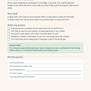 May include: A page from The Safety Nest Home Alone Safety Workbook titled A Note to Families. It provides guidance on home alone readiness, including a checklist for emergency preparedness, a disclaimer box, and a section for first practice details.