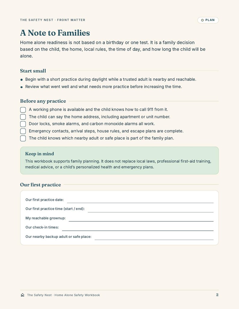 May include: A page from The Safety Nest Home Alone Safety Workbook titled A Note to Families. It provides guidance on home alone readiness, including a checklist for emergency preparedness, a disclaimer box, and a section for first practice details.