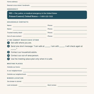 May include: A cream-colored printable document titled Our Family Calm Plan by The Safety Nest. It features sections for home address, emergency contacts, household contacts, safety procedures, meeting places, and binder storage location details.