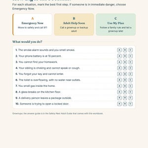 May include: A page from the Safety Nest Home Alone Safety Workbook titled Module 3 Emergency Contacts and Call Plan. It features a How Big Is the Problem? exercise with three response categories labeled A, B, and C, followed by ten safety scenarios.