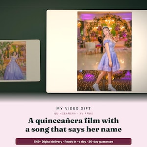 Könnte beinhalten: Ein digitales Videogeschenk mit einem Quinceañera-Film und einem Lied, das ihren Namen nennt. Das Bild zeigt eine Person in einem lavendelfarbenen schulterfreien Kleid mit Spitzenbesatz und weißen Turnschuhen in einem dekorierten Raum.