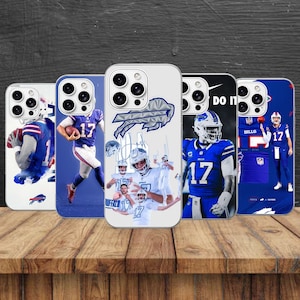 Peut inclure: Cinq coques de smartphone arborant des images de football des Buffalo Bills, incluant le joueur Josh Allen en action, le logo de l'équipe et le numéro 17. Les designs intègrent des tons bleu, blanc et noir avec diverses impressions graphiques.