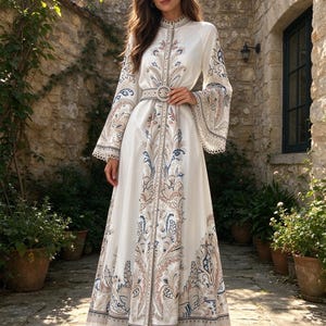 May include: A floor-length white dress featuring a high collar, long flared sleeves with lace trim, and a matching fabric belt with a round buckle. The garment is decorated with intricate blue, brown, and tan paisley patterns along the front.