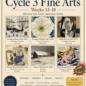 May include: An educational poster titled Cycle 3 Fine Arts Weeks 13-18 featuring six American artists: Grandma Moses, Georgia O'Keeffe, Pablo Picasso, Norman Rockwell, Andrew Wyeth, and Roy Lichtenstein, with descriptive text and art study categories.