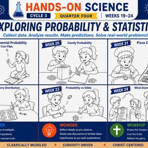 May include: A Hands-On Science educational poster for Cycle 3, Quarter Four, Weeks 19-24, titled Exploring Probability & Statistics. It features six black and white illustrations of children performing experiments, including coin flips, candy sorting, and data collection.