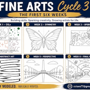 Könnte beinhalten: Ein Fine Arts Cycle 3 Lehrplanblatt mit dem Titel The First Six Weeks. Es enthält sechs nummerierte Kästchen mit Zeichenübungen: Grundformen, ein Schmetterling für Symmetrie, umgedrehte Kunst, amerikanische Flagge, Perspektive und Unterwasserszene.