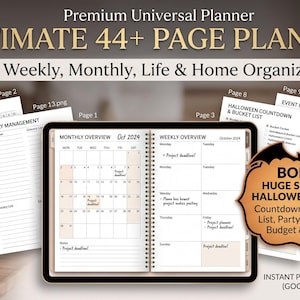 Agenda mensual universal de 30 días, imprimible y digital. Organizador diario, semanal y mensual. Agenda de vida sin fechas con inserto de temporada de Halloween.