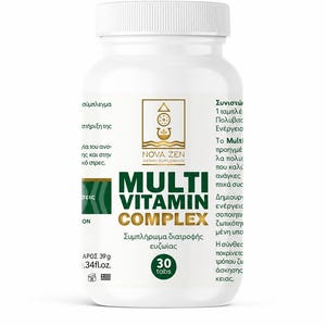 Könnte beinhalten: Eine weiße Kunststoffflasche mit Nova Zen Multivitamin Complex Nahrungsergänzungsmitteln und einem weißen Schraubverschluss. Das Etikett zeigt goldenen und grünen Text, ein goldenes geometrisches Logo sowie 30 Tabletten, 39g und 1,34 fl. oz.