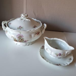 Limoges Sopa Tureen & Gravy Boat Set, Porcelana Francesa, Coquet et Cie PHV, Servingware Floral